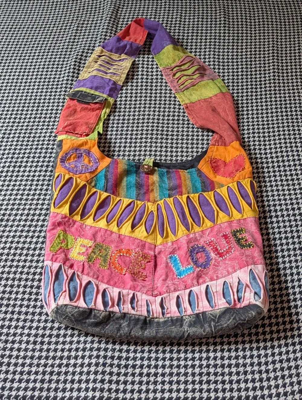 vintage boho peace love cotton hippie patchwork hobo bag